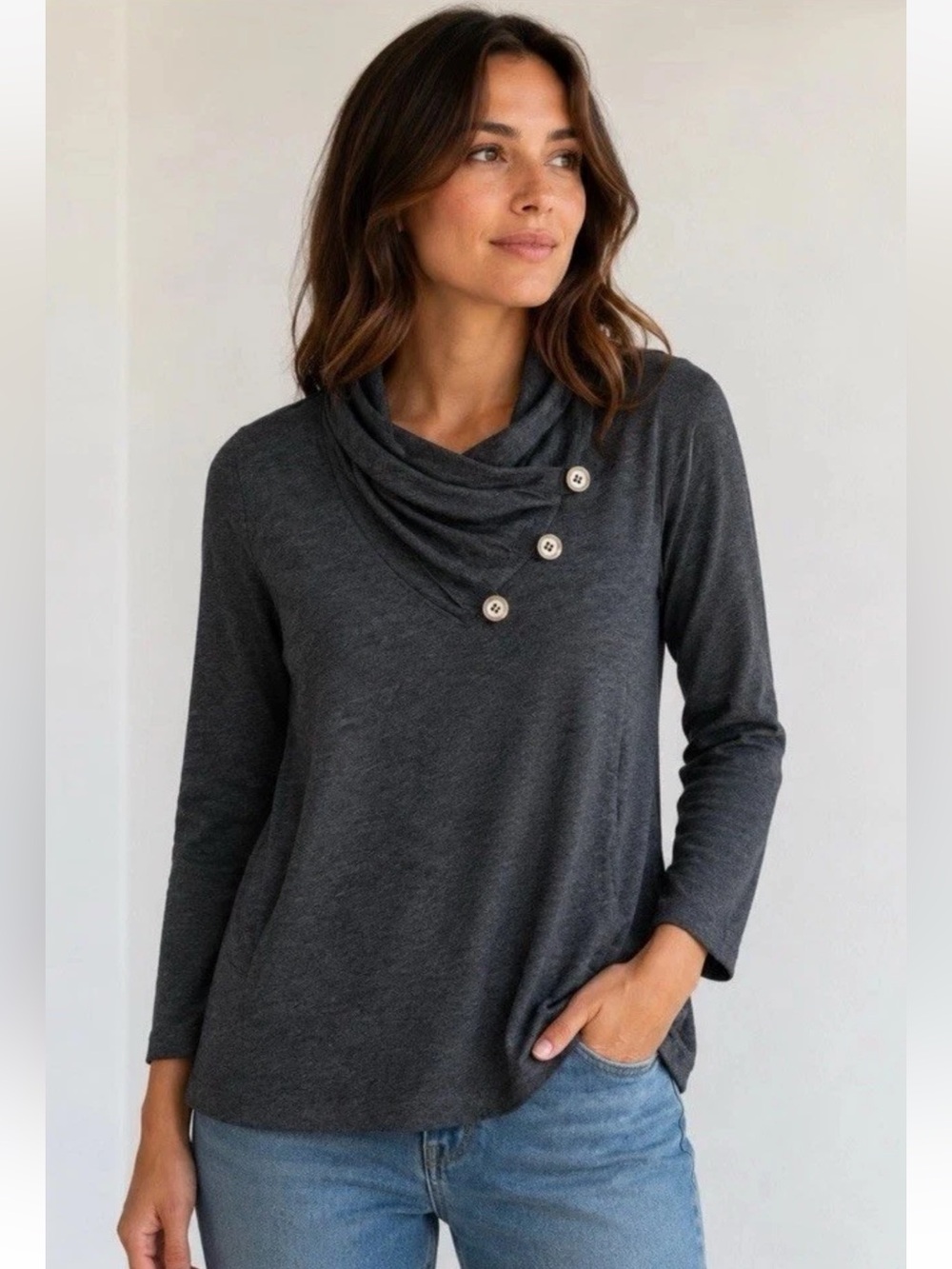 Soft Surroundings Westminster Cowl Neck Buttoned Tunic Sweater Sz PM Classic